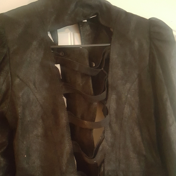 Rachel Roy Genuine Black Leather Shimmer Backless Jacket Coat Size M - Picture 4 of 12